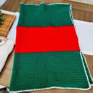 Handcrafted Christmas Crocheted Afghan Lap Blanket Knitted Holiday Vtg
